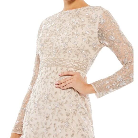 Mac Duggal Beaded Tea Length Dress Sheer Sleeves 10812 Porcelain Size 6 NWT - Picture 3 of 8